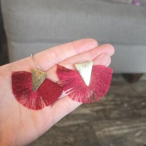 Gold Triangle Red Tassel Fan Drop Earrings - Women Jewelry
